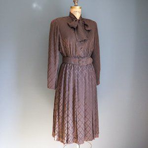 70's Windowpane Silk Fit and Flare Pussy Bow Dress by Norell-Tassell New York